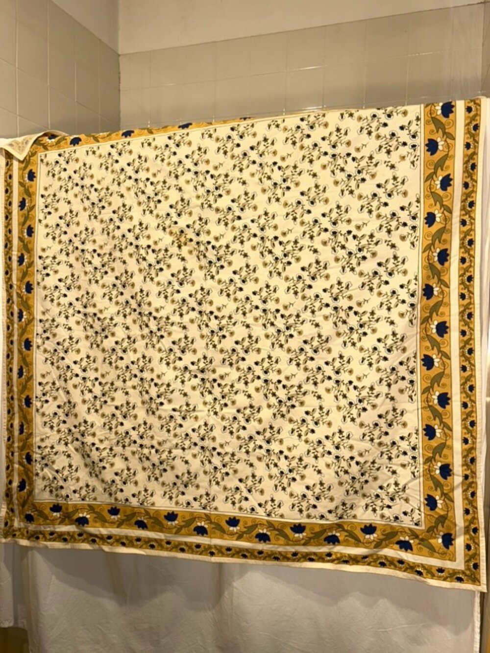 French Provencal mustard blue green cotton Block Print square table cloth 50" sq